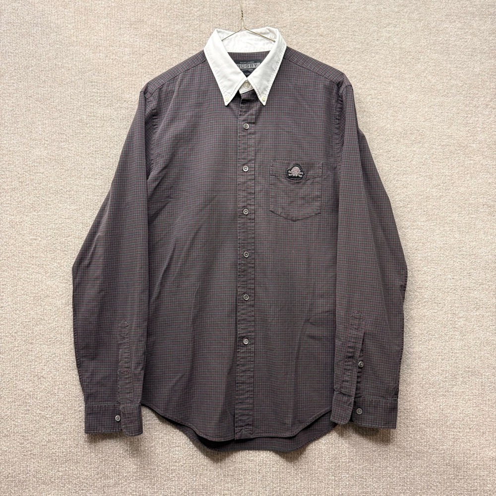 Ralph Lauren Rugby Mens Plaid Button Down Shirt Skull Bullion Patch Burgundy M